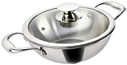 Alda Vitale - Padella per wok in acciaio INOX, 1,7 litri, 20 cm, con coperchio in vetro