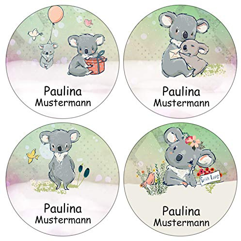 Sunnywall® Runde Aufkleber Namensaufkleber Federmappe Kinder & Erwachsene Namen Sticker Aufkleber Sticker 44 Stück Schule und Kindergarten - wasserfest (Koala Koalabär)