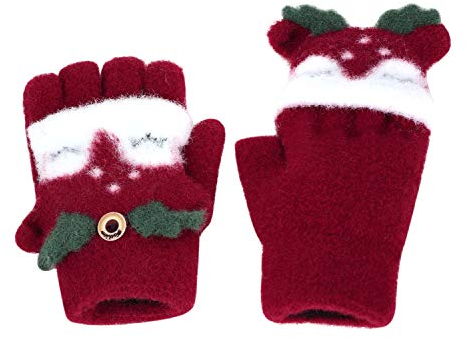 Fäustlinge mit Knopf Klappe Fingerlose Handschuhe für Kinder Winter Warm Strickhandschuhe Plüschfutter Winterhandschuhe Jungen Mädchen (Eule-Rot)