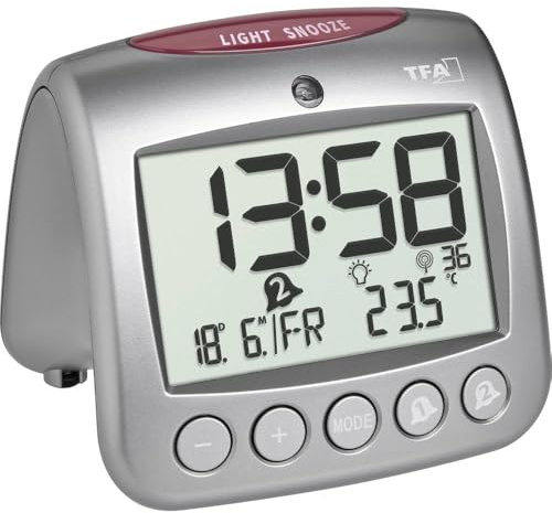 TFA Dostmann Digitaler Funk-Wecker mit Temperatur SONIO 2.0, 60.2559.54, Zwei Weckalarme, Anzeige Innentemperatur/Wochentag/Datum, Silber, (L) 112 x (B) 98 x (H) 98 mm