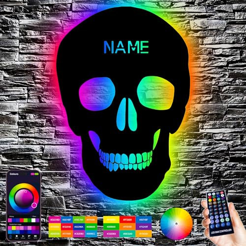LEON FOLIEN Schädel Schlummerlicht RGB led Skull personalisiert mit Wunschtext Lasergravur Nachtlicht für Schlafzimmer Wohnzimmer Geschenk Wandbeleuchtung