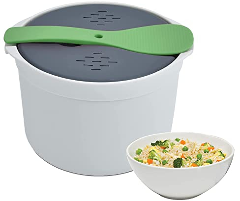 Olla Arrocera para Microondas, Gran Rendimiento de Sellado, Juego de Olla Arrocera Al Vapor, Material PP de Grado Alimenticio de 2 L, Colador de Tapa de Cuchara de Arroz(Verde)