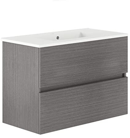 Baikal, Conjunto de baño Natura. Mueble de Baño de Fondo Reducido, con Lavabo cerámico. Distribución Dos Cajones. Mueble MONTADO. Dos Cajones sin Espejo. Fondo 39cm 80 cm Ceniza