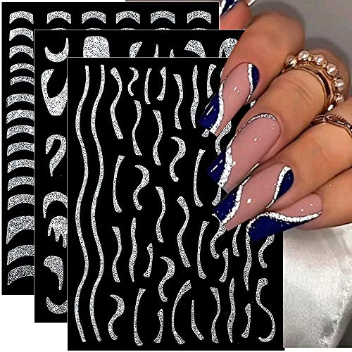 6 Blätter Glitzer French Nagelsticker Selbstklebend Nail Sticker,3D Glitter Silber Nagel Aufkleber Kurven Linien Nageldesign French Nails Nagel Kunst Aufkleber Nail Art Dekoration Nagel Abziehbilder