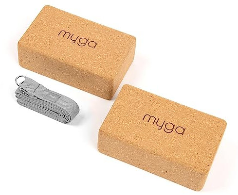 Myga Kork Yoga Zubehör Set | 2 Rutschfeste Kork Yoga Blöcke & Verstellbarer Yoga Gurt (Grau) | Perfekt für Anfänger & Fortgeschrittene | Unterstützung bei Yoga & Pilates Übungen | Leicht & Tragbar
