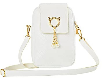 FuninCrea Sac à bandoulière pour dames, sac à bandoulière en PU avec fermeture à glissière et bouton-pression, sac pour téléphone portable avec pendentif en perles, petit sac messager (blanc)