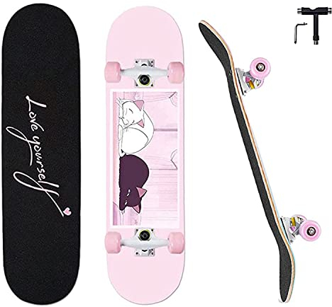 Anime Skateboards für Mädchen, komplettes Standard-Skateboard, 78,7 x 20,3 cm, Ahorn, Doppel-Kick-Skateboards für Anfänger/Kinder/Jugendliche/Jugendliche, Erwachsene, niedliches Katzen-Skateboard