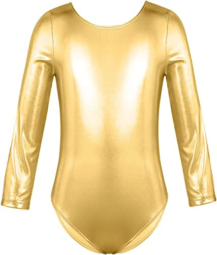 FUREINSTORE Maillot de Danza Ballet Gimnasia Leotardo Body Clásico Brillante Elástico para Niñas de Manga Larga Cuello Redondo para Bailarina (6 Años, Oro)