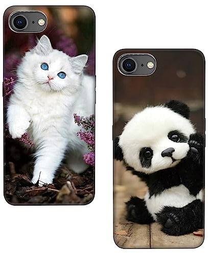 Lonrapa 2 Pieces Silicone Case for iPhone SE 2022 / iPhone SE 2020 Cute Pattern Design iPhone 8 / iPhone 7 Phone Case Flexible Soft TPU Shockproof Protection Back Cover for Women Kids - Cat & Panda