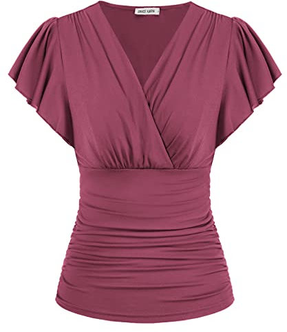 GRACE KARIN Damen Kurzarm Bluse Elegant Slim Fit Plissee-Tops Einfarbige Tunika Bluse Sexy Pullover