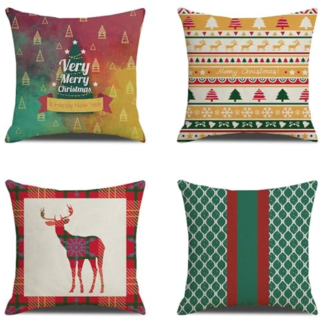 Kissenbezug 40x40 Set mit 4 Outdoor Kissen Nordische Weihnachten Deko kissen Leinen Kissenhülle Beidseitig Kissenbezüge Nordische Weihnachten Kissenhüllen für Wohnzimmer Dekokissen 40x40cm -4581