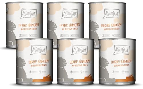 MjAMjAM – Premium Nassfutter für Katzen - leckeres Hühnchen an fruchtigen Birnen 800g, 6er Pack (6 x 800g), naturbelassen mit extra viel Fleisch