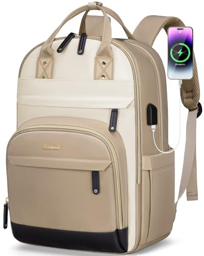 LOVEVOOK Backpack Womens, Waterproof 15.6 inch Laptop Rucksack Bag for Women with Anti-theft Zipper & USB Port, Large Ladies Backpacks Cabin Back Pack Womans for Travel Work School College Beige