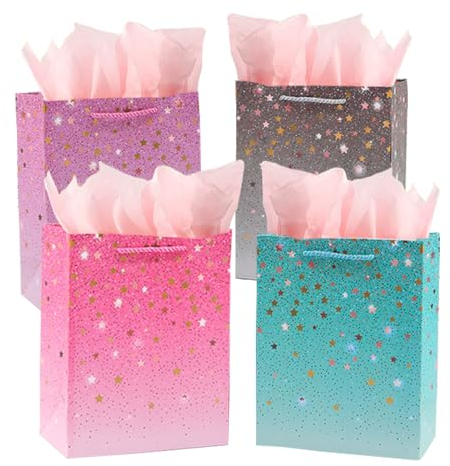 4 Stk Geschenktüten mit Seidenpapier Papiertüten Geschenktüte mit Henkel Geschenktüten Set Papier Tüten Papiertragetaschen Geschenktüten Für Weihnachten,Party, Geburtstag,Hochzeit (klein)