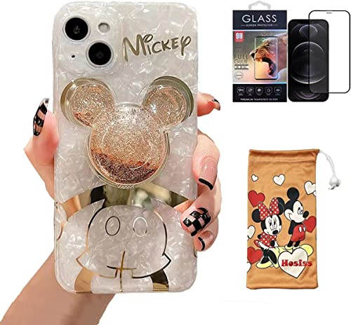 Hosiss Cartoon Case for iPhone 15 Plus 6.7 with HD Screen Protector, Mickey Mouse with Quicksand Cell Phone Holder Strap Soft TPU Shockproof Protective for Girls Women
