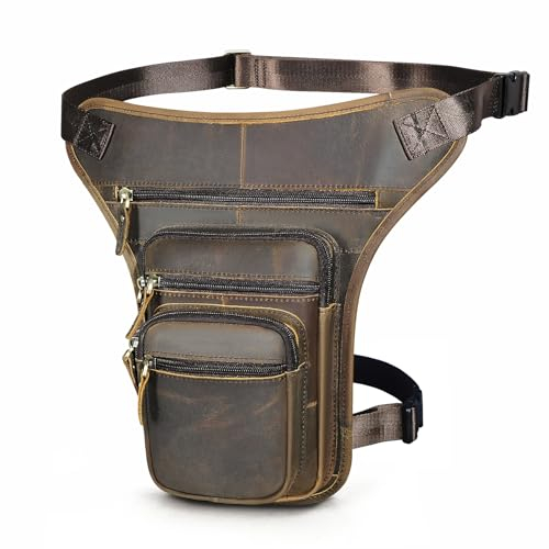 Herren Canvas + Leder Motorrad Reiten Tasche Beinbeutel Beintasche Außenbeintasche Hüfttasche Drop Leg Tasche FB913-5 (100% Echtleder-X3111 Braun)