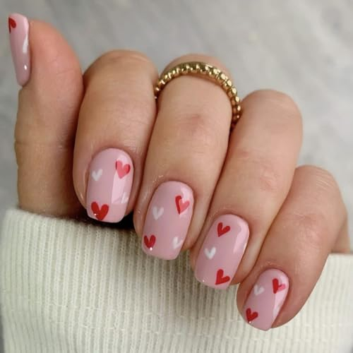 Brishow Künstliche Nägel zum Aufkleben Rot Herz Press on Nails Rosa kurze Falsche Nägel Ballerina Acryl Nagelkleber Fake Nails 24 Stück für Frauen und Mädchen (b) (d)