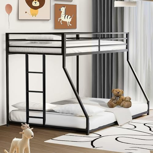 LIFE SKY Twin Over Full Bunk Bed - Metal Bunkbeds Full Bottom Low Profile Removable Side Ladder Black