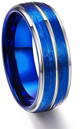 BlackAmazement 316L Edelstahl Ring Nut Vertiefung Streifen 52-71 blau schwarz silber 8mm Herren Damen (Silber/Blau, 52 (16,6))