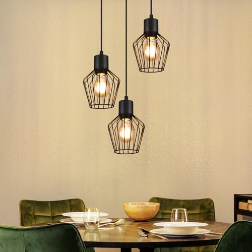 Lichtmaler Hängeleuchte 3 Flammig Pendellampe Rund - Pendelleuchte Schwarz LED E27 Metall Lampenschirm in Käfigform Retro Esstischlampen für Esszimmer Flur Cafe Schlafzimmer Wohnzimmer