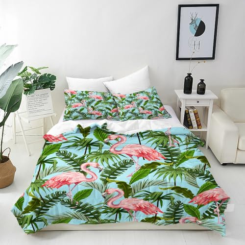 ANHOPE Flamingo Bettwäsche Set 3 Teilig Tropische Blatt Bettbezug 155x220 cm + 2 Kissenbezug 80x80 cm Weich Microfaser Bettbezüge mit Reißverschluss Bettdeckenbezug für Kinder Mädchen