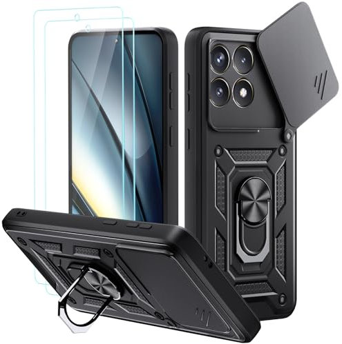 Yohii Coque pour Xiaomi Poco F6 Pro 5G avec 2 Pièces Verre Trempé, Lentille Coulissante Couverture, Support 360° Rotatif Militaire PC Armor Etui, Noir