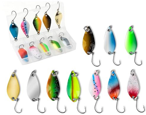 WERIGONI Lot de 10 Leurres de Pêche à la Truite avec Boîte à Matériel, Crochet Simple, Leurre de Pêche à la Truite, Cuillère 2,5 g/3,5 g/5 g