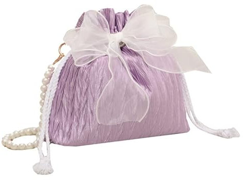 MSTZA 20X18CM Beuteltasche mit Kordelzug, Schleife, Netzstoff, Perlenkette, Perlen-Puppentaschen für Hochzeit, Abendparty, Satin-Tasche, Damen-Brautjungfer-Handtasche