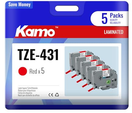 kamo 5x Bänder kompatibel mit Brother P-touch 12mm 0.47 Schriftbänder TZe-431 TZe431 TZ-431 TZ431 Laminated Rot, für Beschriftungsgerät PT-P300BT PT-H100R PT-H110 PT-H110 PT-P700 PT-D410 PT-H200