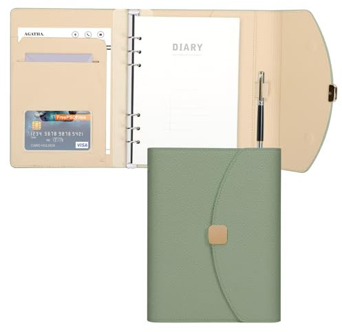 FYY PU Leder A5 Binder Notizbuch,6 Ring Budget Binder Journal Planer mit nachfüllbaren gefütterten losen Blatt Papier 100 Blätter/200 Seiten,Grün