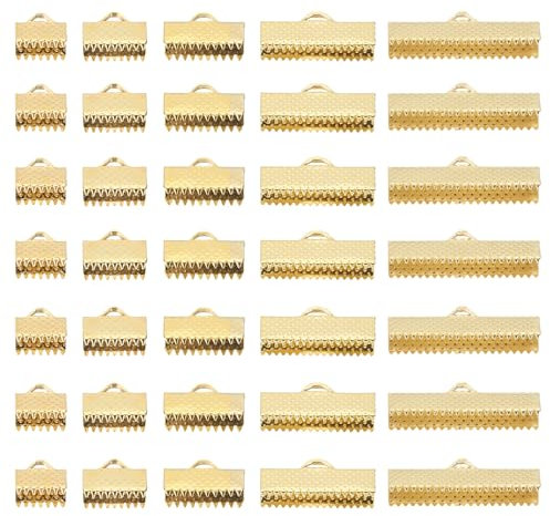 PATIKIL 8mm/10mm/13mm/20mm/25mm Ribbon Ends Crimp Clamp 300pcs Pinch Crimp End Bracelet Bookmark Cord Ends Fasteners Clasp for Leather DIY Craft Jewelry Making Deep Gold