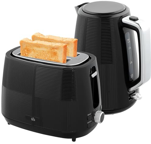 HOMCOM Kettle and Toaster Set, 1.7L 3000W Fast Boil Kettle & 2 Slice Toaster Kitchen Set with 7 Level Browning Controls, Defrost, Reheat, Boil-Dry Protection, Black