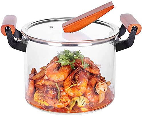 Pentola in vetro trasparente da 5 l, in vetro borosilicato resistente al calore, con manico in legno, per fornelli a gas, congelatore, microonde e forno