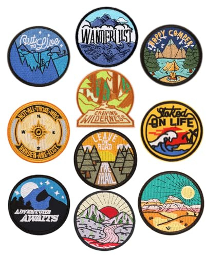 10 Stück Outdoor Travel Patches zum Aufbügeln,Flicken Bügelbilder Iron on/Sew on Patch Bestickte Aufnäher für Aufnähen oder Aufbügeln auf Kleidung,Kleid,Hut,Jeans,Rucksäcke,Jacken,T-Shirt (Runde)