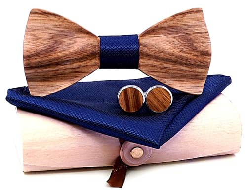 DAJASD Holzfliege Herren, Hölz Fliege Herren Klassische, Hölzerne Krawatte Fliege, Herre Holzfliegenset mit Manschettenknöpfe Herre und Einstecktuch, Verstellbar, für Hochzeiten, Aufführungen ﻿