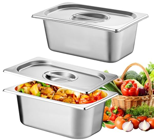 LEKEFETO 2 Stück Panierschalen Behälter Set 1/3 aus Edelstahl mit Deckel – Stapelbare Panierschale für Restaurants, Restaurants, Familienfeiern, Küchenzubehör Gastronomie (32,5x17,5x6,5 cm)