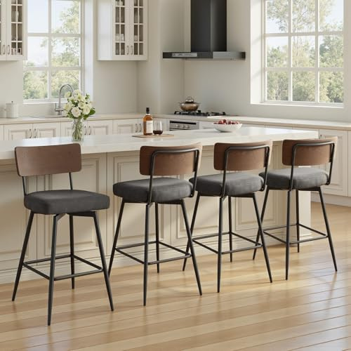Bekrvio Barhocker 4er Set 360° drehbar mit Lehne, 65 cm Sitzhöhe für Kücheninsel, extra Dicke 8 cm Polsterung, Kunstleder Sitz & Massivholz Rückenlehne, Stabiler Metallrahmen, bis 150 kg Grau
