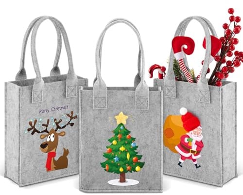 Xuniea 3 Stück Weihnachten Geschenktüte Filz Geschenktasche 22 x 18 x 7 cm Weihnachtstaschen Weihnachtsmann Partytüten mit Griffen Geschenkverpackung für Gastgeschenke Weihnachtsfeiern