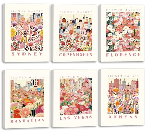 TOARTi City Scenery Wall Art Prints Framed,Colorful Floral Minimalist Canvas Wall Decor,Living Room Canvas Poster，Vintage Set of 6 pcs(8x10inch) Mid Century Wildflower Printing for Bedroom Office
