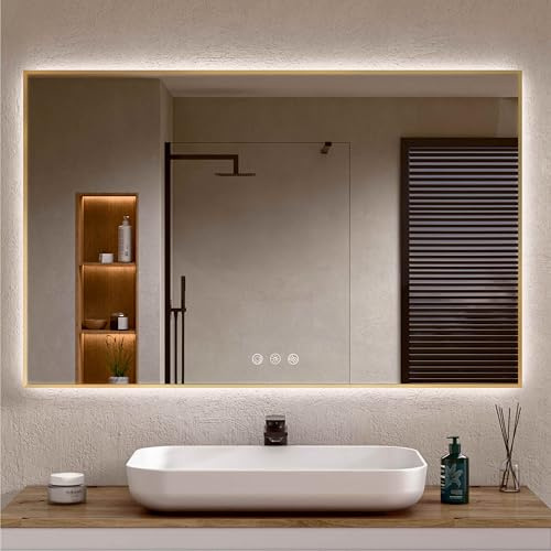 BELLOBATH - Espejo Baño con Luz Led Perimetral, Luz Ajustable en 3 Colores e Intensidad, Antivaho, Waterproof IP65, Marco de Aluminio Dorado - 70cm Alto x 120cm Ancho