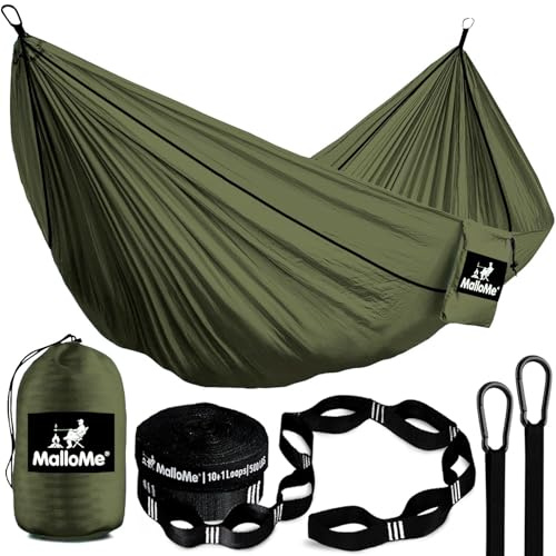 MalloMe Einzel Hängematte (285 x 140cm) Ultraleichte Reise Camping Hängematten für Outdoor 2 Personen oder 1 Kinder & Erwachsene Atmungsaktives Wasserdichtes Fallschirm-Nylon, inkl. Premium Karabiners