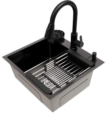 50 x 45 cm Fregadero empotrable, de acero inoxidable, con grifo y dispensador de jabón, juego de fregadero de cocina, color negro, incluye escurridor, lavavajillas