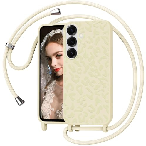 Mosoris Handyband für Samsung Galaxy A56 5G Hülle mit Band, Leopardenmuster Silikon Handyhülle mit Kette, Necklace Schutzhülle zum Umhängen Kordel, Liquid Silikon Case für Samsung A56 5G, Beige