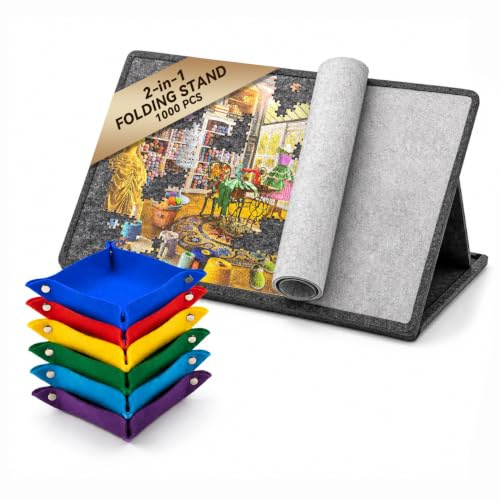 GOURDBRO Filz Puzzlebrett für Puzzle bis 1000, Graues Neigbares Filz Puzzlebrett 2-in-1 Design Ständer und Abdeckung, Tragbares Puzzle Tisch mit 6 Entnahme-Sortierschalen Puzzletisch für Erwachsene