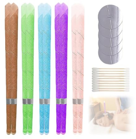 LXTaoler 10 Stück Ohrkerzen, Natürliche Bienenwachs Ohrkerzen, Bunt | Für die Ohrenreinigung, Ohrkerzen-Set mit 5 Tropfschutztablett und 10 Stück Wattestäbchen