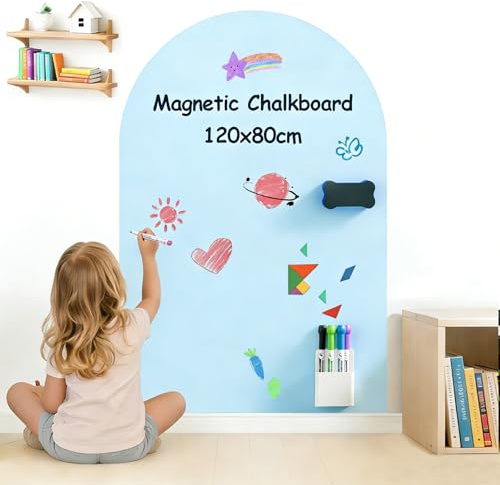 JoyCushy Magnetic Wall Decal Arch 120 x 80cm Adhesive Magnetic Chalkboard with Marker Pen, Pen Holder & Blackboard Eraser, Magnetic Wall Sticker for Kids' Rooms, Living Rooms and Playroom (Blue)