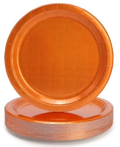 PARTY GO 50Pcs Orange Paper Plates Gold Foil Stamping 9 23cm, Mirror-Like Gold Foil Over Solid Orange for Dinner and Dessert for Birthday, Baby Shower, Holiday Wedding Graduation Party Decorations