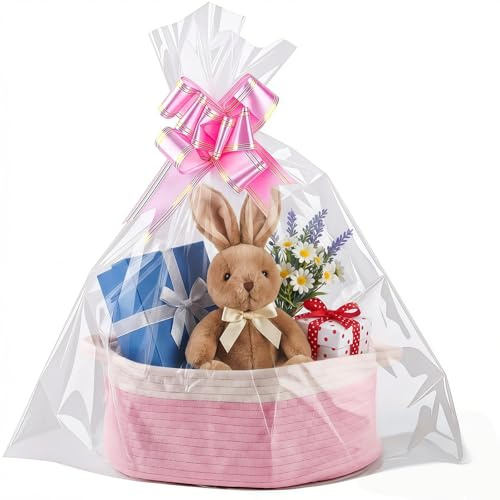ZenithBurst Geschenkkorb Leer Groß, Präsentkorb Leer aus Baumwolle mit Griffen, Geschenkkörbe für Weihnachten, Baby Shower, Geschenkekorb Deko Weiß Rosa