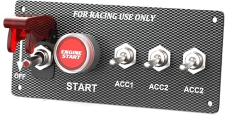 PintoHardware Pannello interruttori Racing con pulsante di avviamento motore, fibra di carbonio, LED rosso, 5 interruttori, cablaggio relè incluso, 15 cm x 6,6 cm 5 in 1