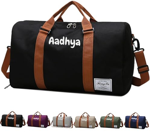 Sac de Sport Homme & Femme 48x26x29 cm, Personnalisable Nom Sacs de Voyage avec Compartiments Chaussures pour Gym Fitness Sport Voyage Weekend Piscine, Imperméable, Léger (Noir)